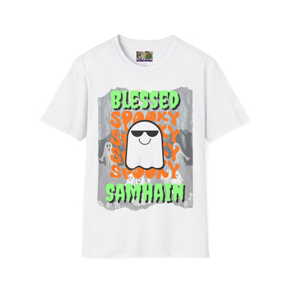 Spooky Blessed Samhain Ghost Green font Unisex T-Shirt by CreepyCrafts.boo