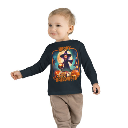 Happy Halloween Little Witch Orange font Toddler Long Sleeve Tee by CreepyCrafts.boo