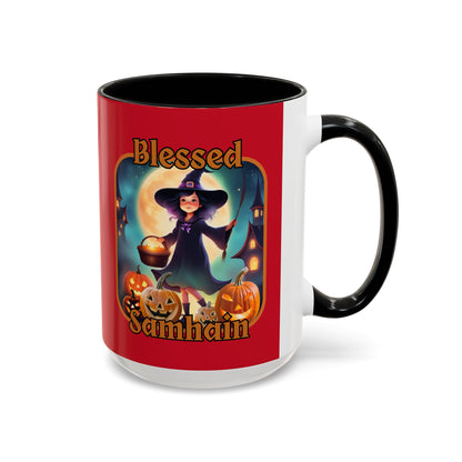 Blessed Samhain Little Witch Orange font Red Accent Mug by CreepyCrafts.boo