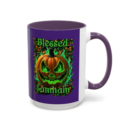 Blessed Samhain Green Jack Purple Accent Mug by CreepyCrafts.boo