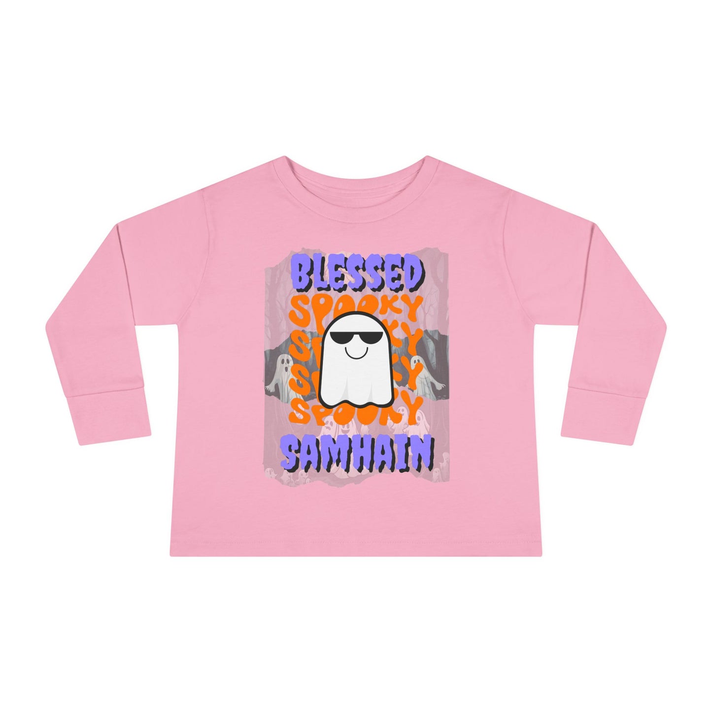 Spooky Blessed Samhain Ghost Purple font Toddler Long Sleeve Tee by CreepyCrafts.boo