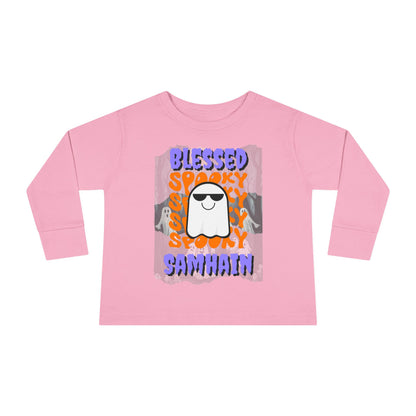 Spooky Blessed Samhain Ghost Purple font Toddler Long Sleeve Tee by CreepyCrafts.boo