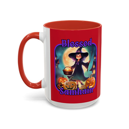 Blessed Samhain Little Witch Purple font Red Accent Mug by CreepyCrafts.boo