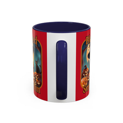 Blessed Samhain Cute Witch Orange font Red Accent Mug by CreepyCrafts.boo
