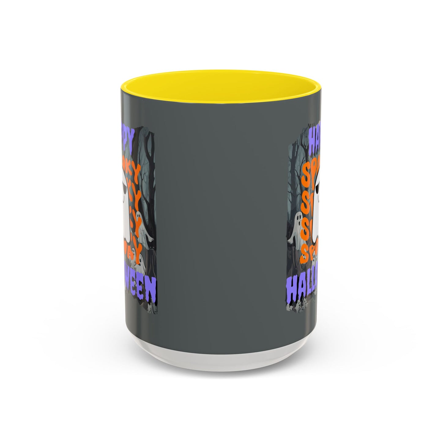 Spooky Happy Halloween Ghost Purple font Grey Accent Mug by CreepyCrafts.boo