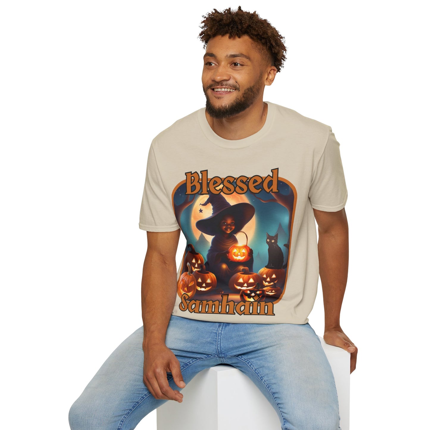 Blessed Samhain Cute Witch Orange font Light colors Unisex T-Shirt by CreepyCrafts.boo