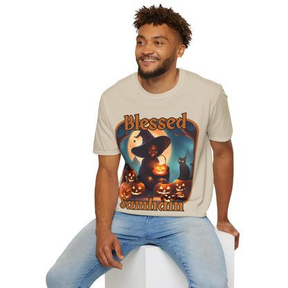 Blessed Samhain Cute Witch Orange font Light colors Unisex T-Shirt by CreepyCrafts.boo