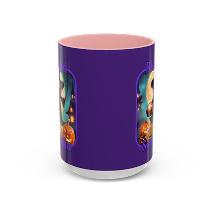 Blessed Samhain Little Witch Purple font Purple Accent Mug by CreepyCrafts.boo
