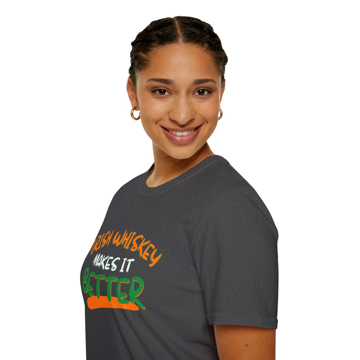 Irish Whiskey makes it better Orange, White, and Green font Dark colors Unisex T-Shirt by cypherpunkgear.com