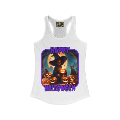 Happy Halloween Cute Witch Purple font Women's Racerback Tank Top by CreepyCrafts.boo