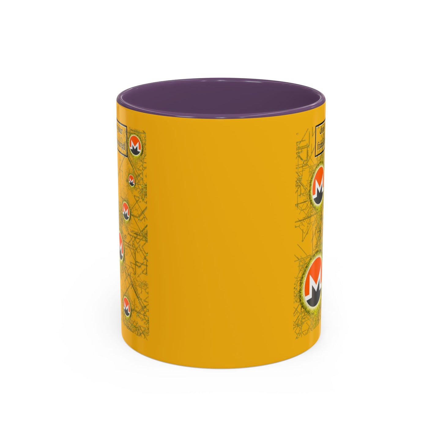 Monero (XMR) don't assume your freedoms are assured Yellow Accent Mug by cypherpunkgear.com
