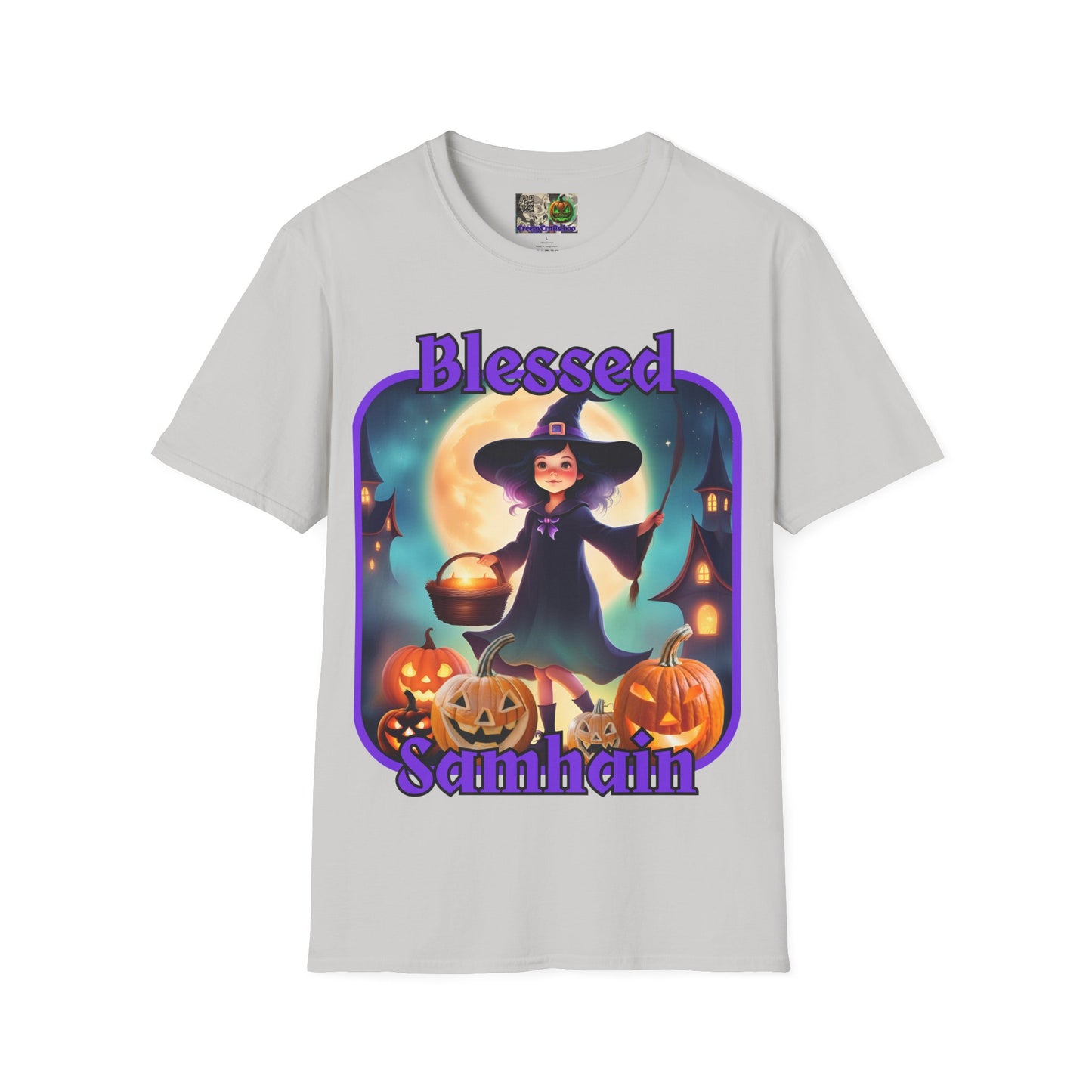 Blessed Samhain Little Witch Purple font Light colors Unisex T-Shirt by CreepyCrafts.boo