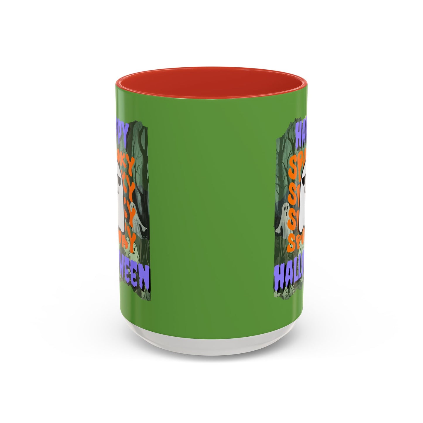 Spooky Happy Halloween Ghost Purple font Green Accent Mug by CreepyCrafts.boo