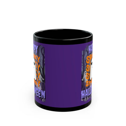 Spooky Happy Halloween Ghost Purple font Purple Mug by CreepyCrafts.boo