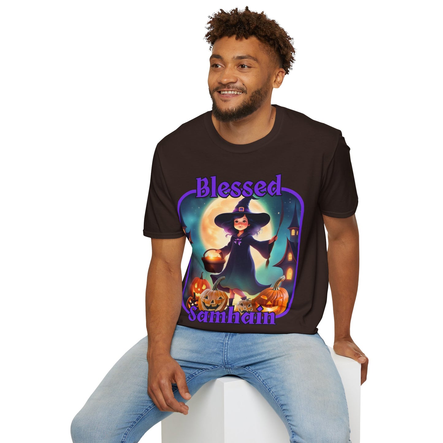 Blessed Samhain Little Witch Purple font Dark colors Unisex T-Shirt by CreepyCrafts.boo