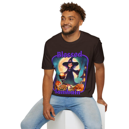 Blessed Samhain Little Witch Purple font Dark colors Unisex T-Shirt by CreepyCrafts.boo