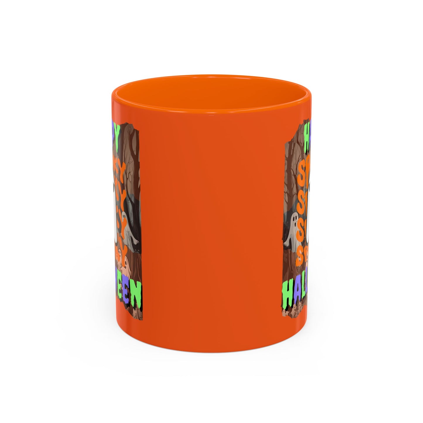 Spooky Happy Halloween Ghost Mixed font Orange Accent Mug by CreepyCrafts.boo