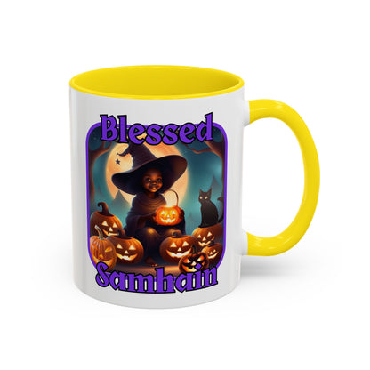 Blessed Samhain Cute Witch Purple font White Accent Mug by CreepyCrafts.boo
