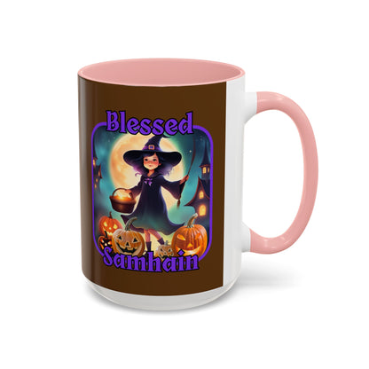 Blessed Samhain Little Witch Purple font Brown Accent Mug by CreepyCrafts.boo