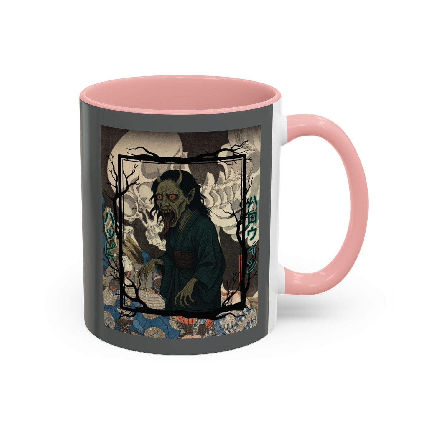 Yōkai Happy Halloween Grey Accent Mug by CreepyCrafts.boo