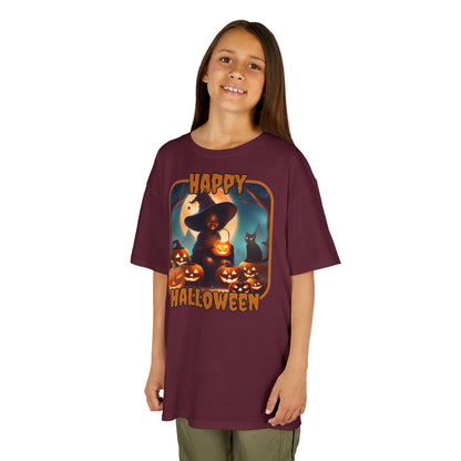 Happy Halloween Cute Witch Orange font Kids Heavy Cotton™ Tee by CreepyCrafts.boo