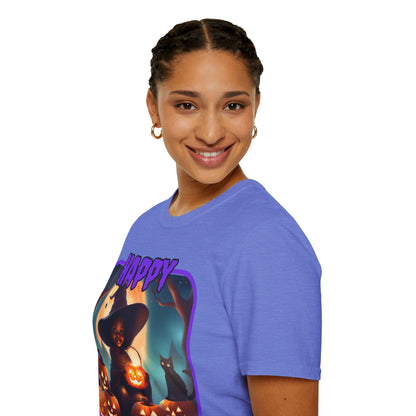 Happy Halloween Cute Witch Purple font Light colors Unisex T-Shirt by CreepyCrafts.boo