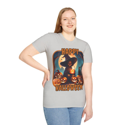 Happy Halloween Cute Witch Orange font, Light colors, Unisex T-Shirt by CreepyCrafts.boo