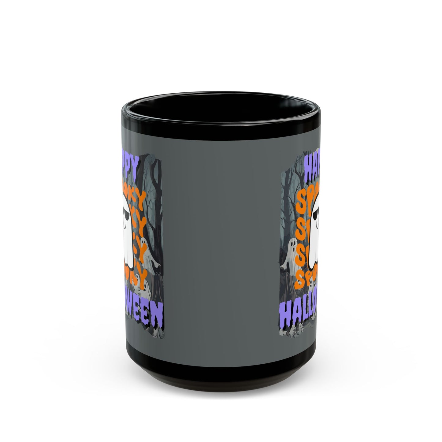 Spooky Happy Halloween Ghost Purple font Grey Mug by CreepyCrafts.boo