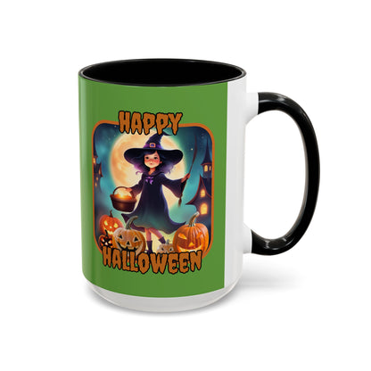 Happy Halloween Little Witch Orange font Green Accent Mug by CreepyCrafts.boo