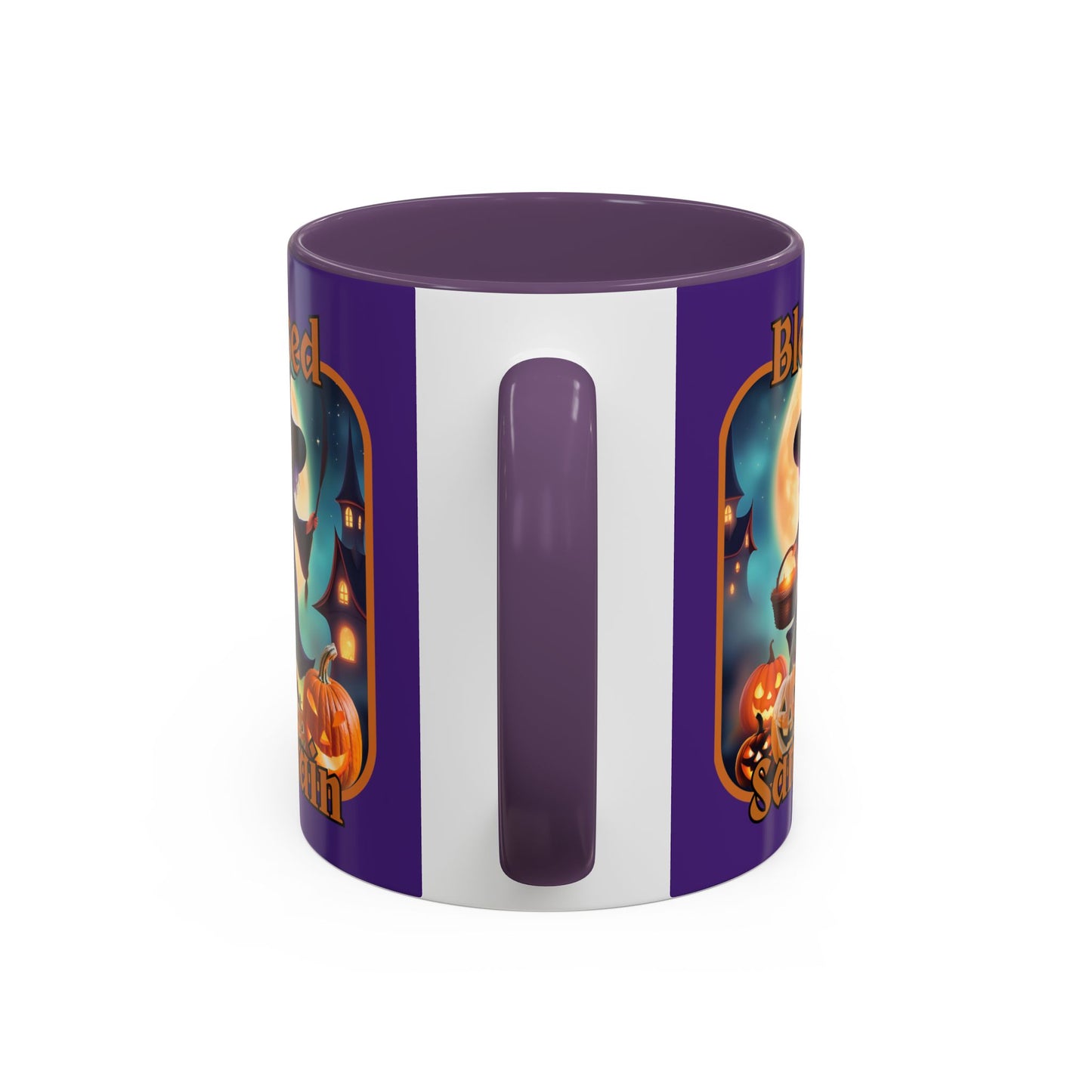 Blessed Samhain Little Witch Orange font Purple Accent Mug by CreepyCrafts.boo