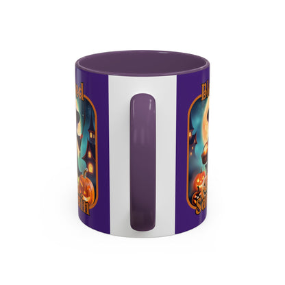 Blessed Samhain Little Witch Orange font Purple Accent Mug by CreepyCrafts.boo