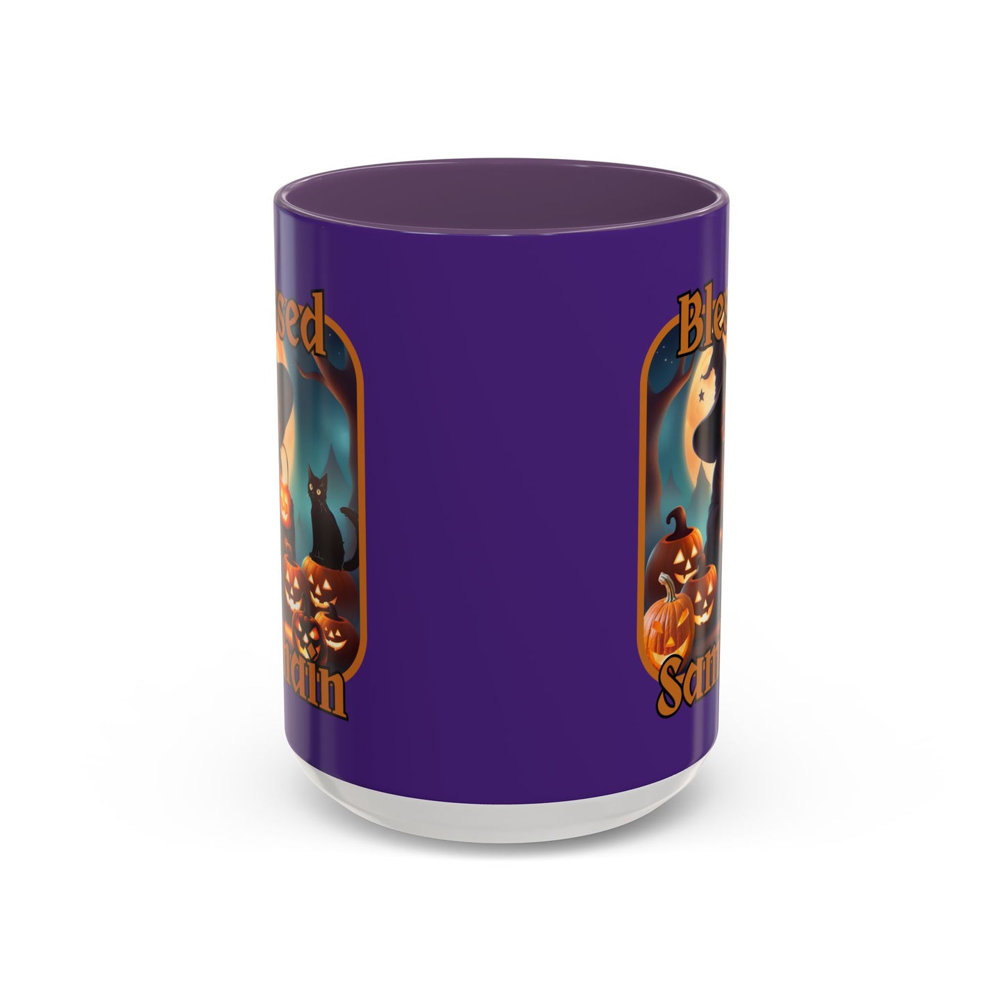 Blessed Samhain Cute Witch Orange font Purple Accent Mug by CreepyCrafts.boo