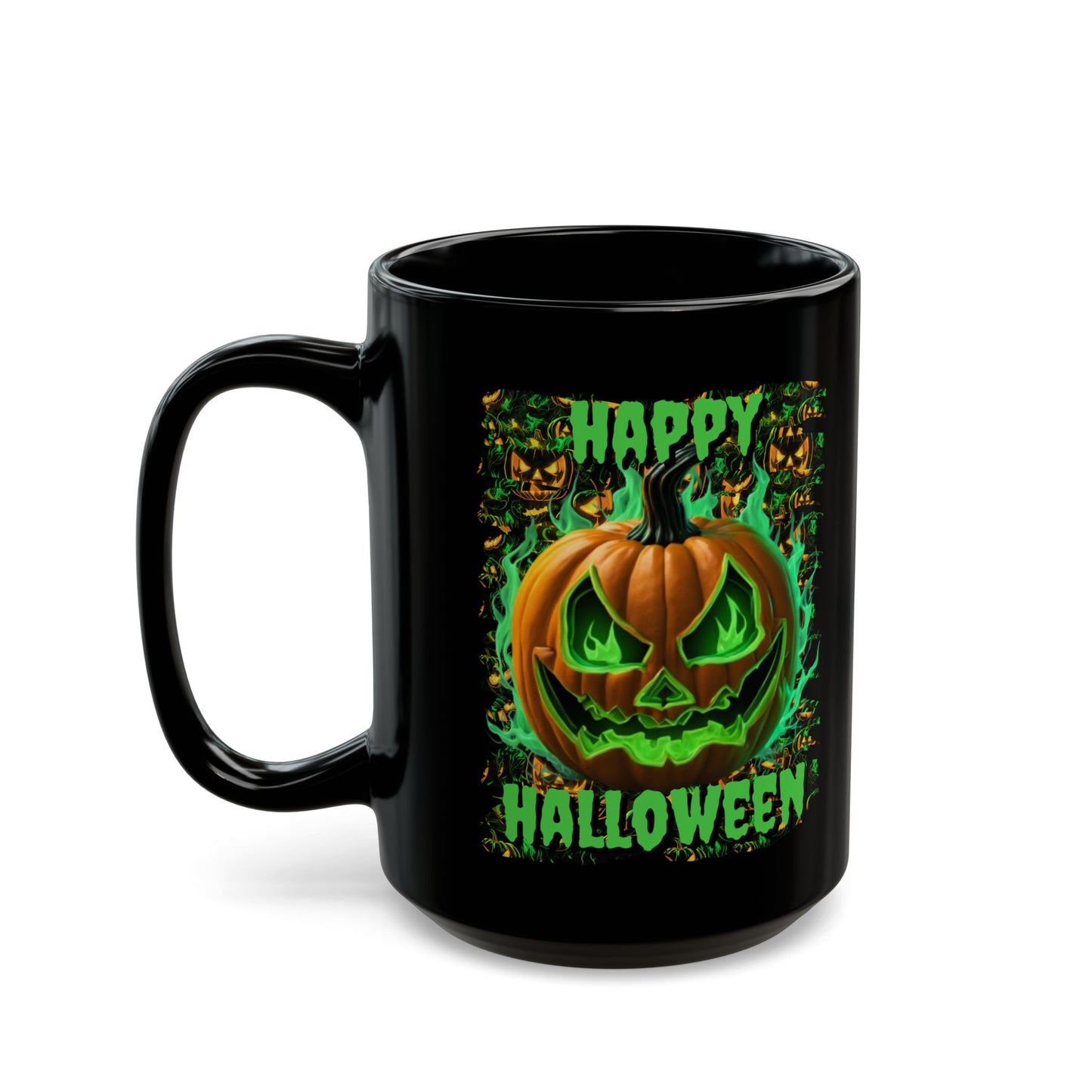 Happy Halloween Green Jack Black Mug by CreepyCrafts.boo
