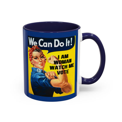 I Am Woman Watch Me Vote Rosie Dark Blue Accent Mug by cypherpunkgear.com