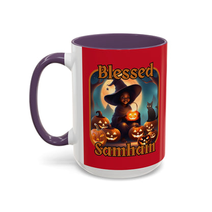Blessed Samhain Cute Witch Orange font Red Accent Mug by CreepyCrafts.boo