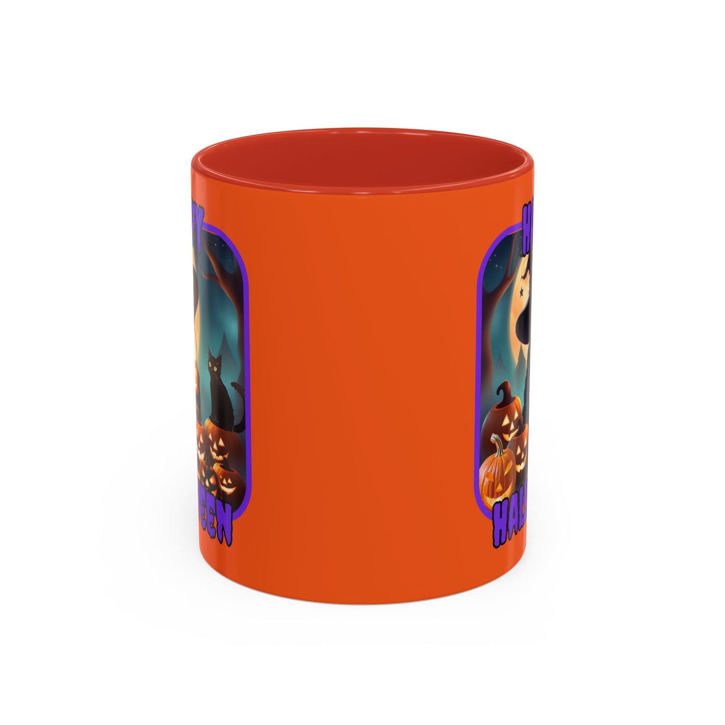 Happy Halloween Cute Witch Purple font Orange Accent Mug by CreepyCrafts.boo