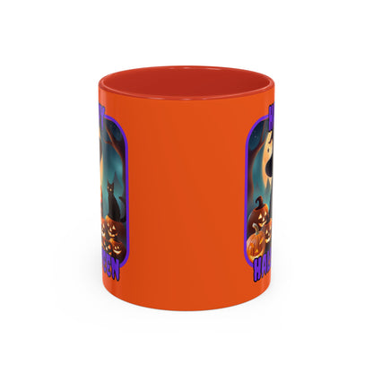Happy Halloween Cute Witch Purple font Orange Accent Mug by CreepyCrafts.boo