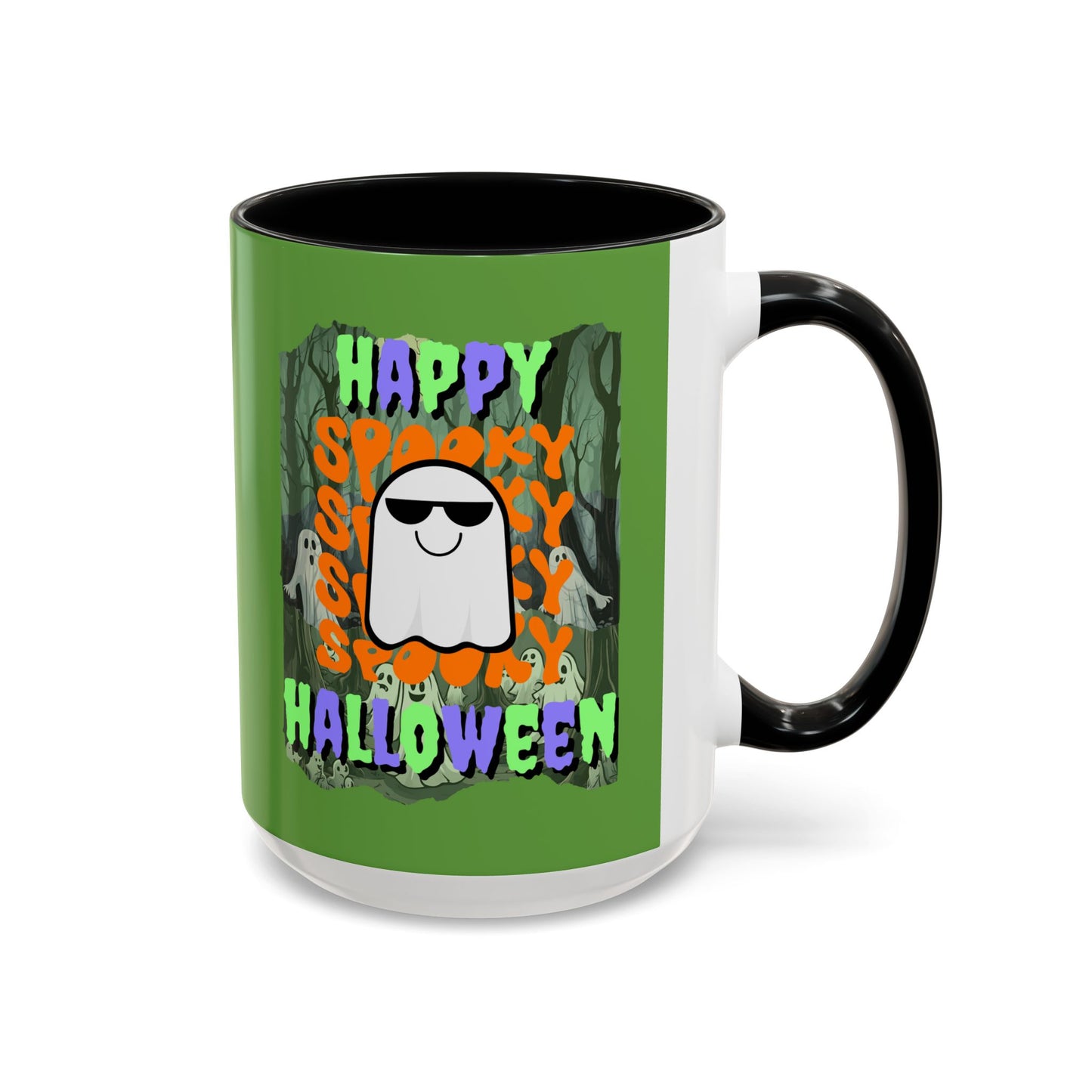 Spooky Happy Halloween Ghost Mixed font Green Accent Mug by CreepyCrafts.boo