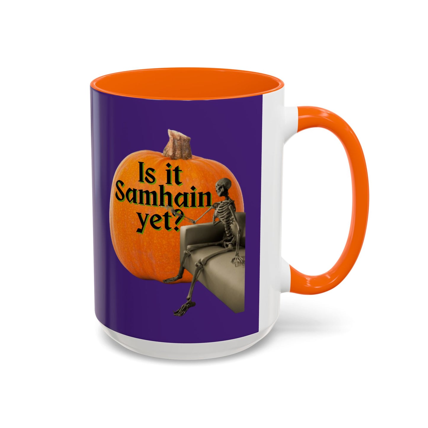 Is It Samhain Yet? Skeleton's Giant Pumpkin Purple Accent Mug by CreepyCrafts.boo