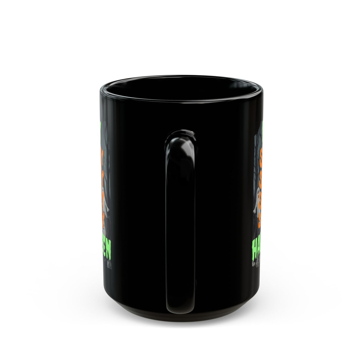 Spooky Happy Halloween Ghost Green font Black Mug by CreepyCrafts.boo