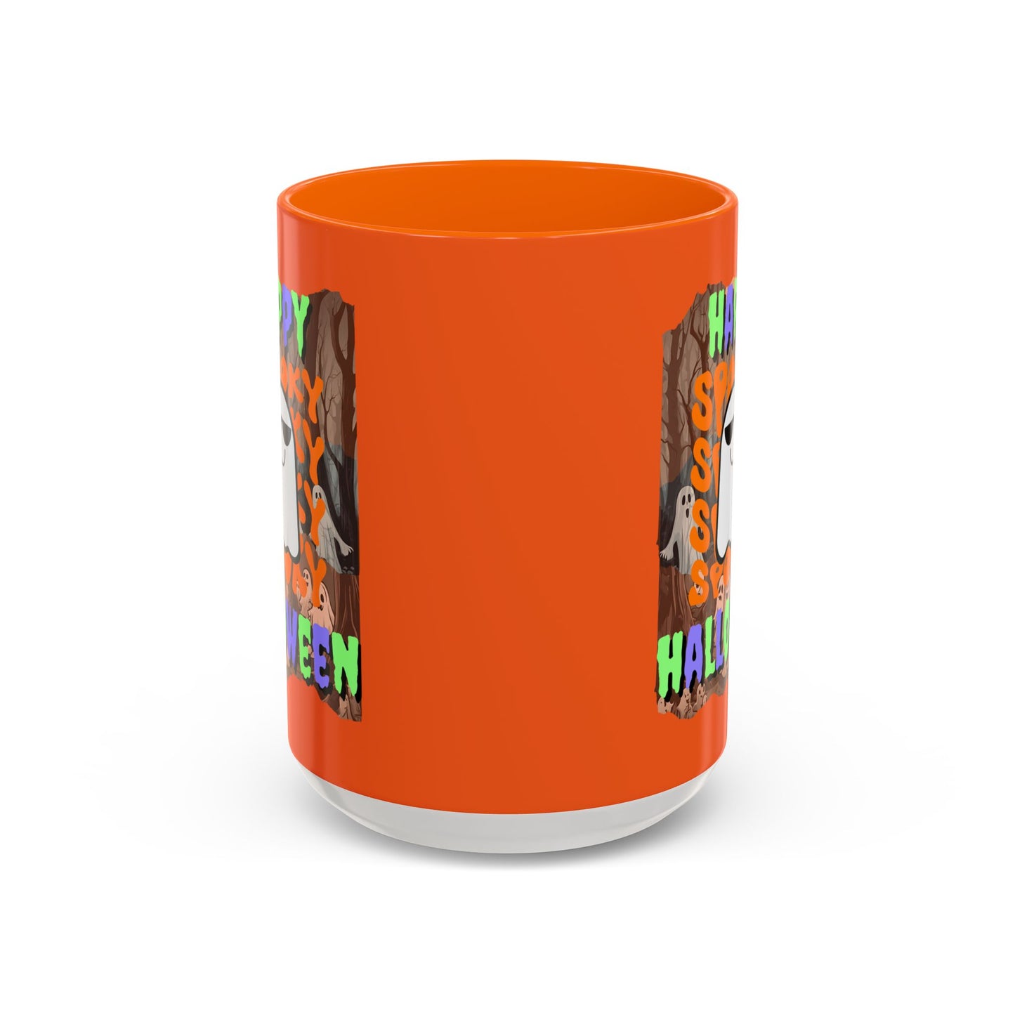 Spooky Happy Halloween Ghost Mixed font Orange Accent Mug by CreepyCrafts.boo