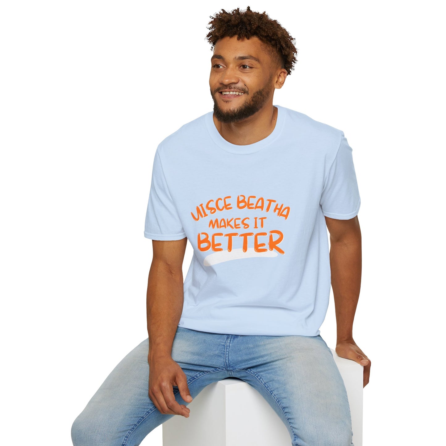 Uisce Beatha makes it better Orange font Light colors Unisex T-Shirt by cypherpunkgear.com