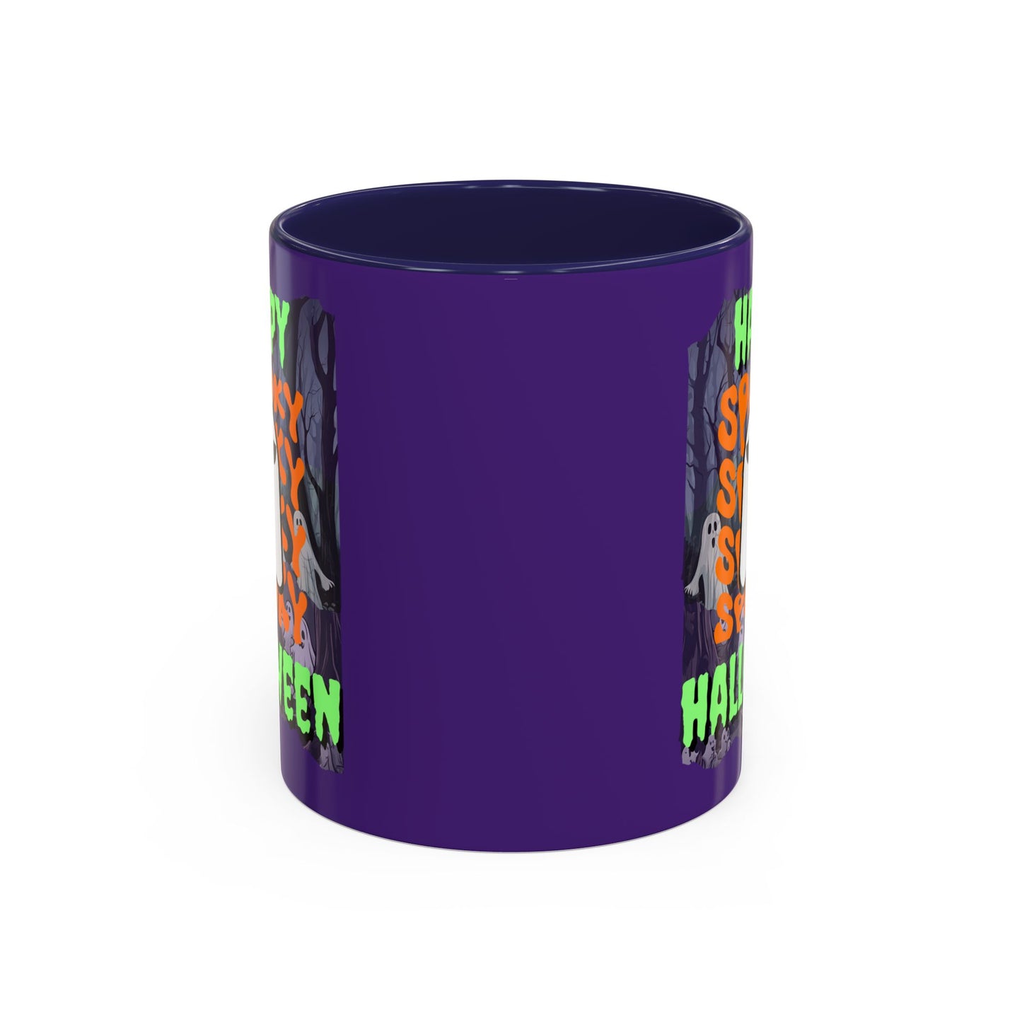 Spooky Happy Halloween Ghost Green font Purple Accent Mug by CreepyCrafts.boo