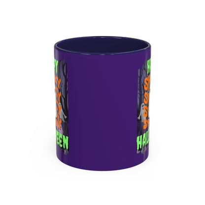 Spooky Happy Halloween Ghost Green font Purple Accent Mug by CreepyCrafts.boo