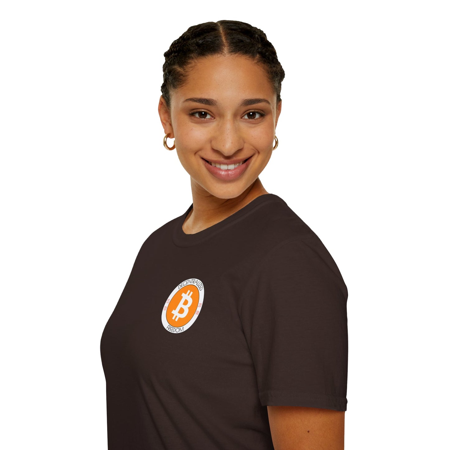 2-sided Bitcoin (BTC) Decentralized Freedom DKcolors Unisex T-Shirt by cypherpunkgear