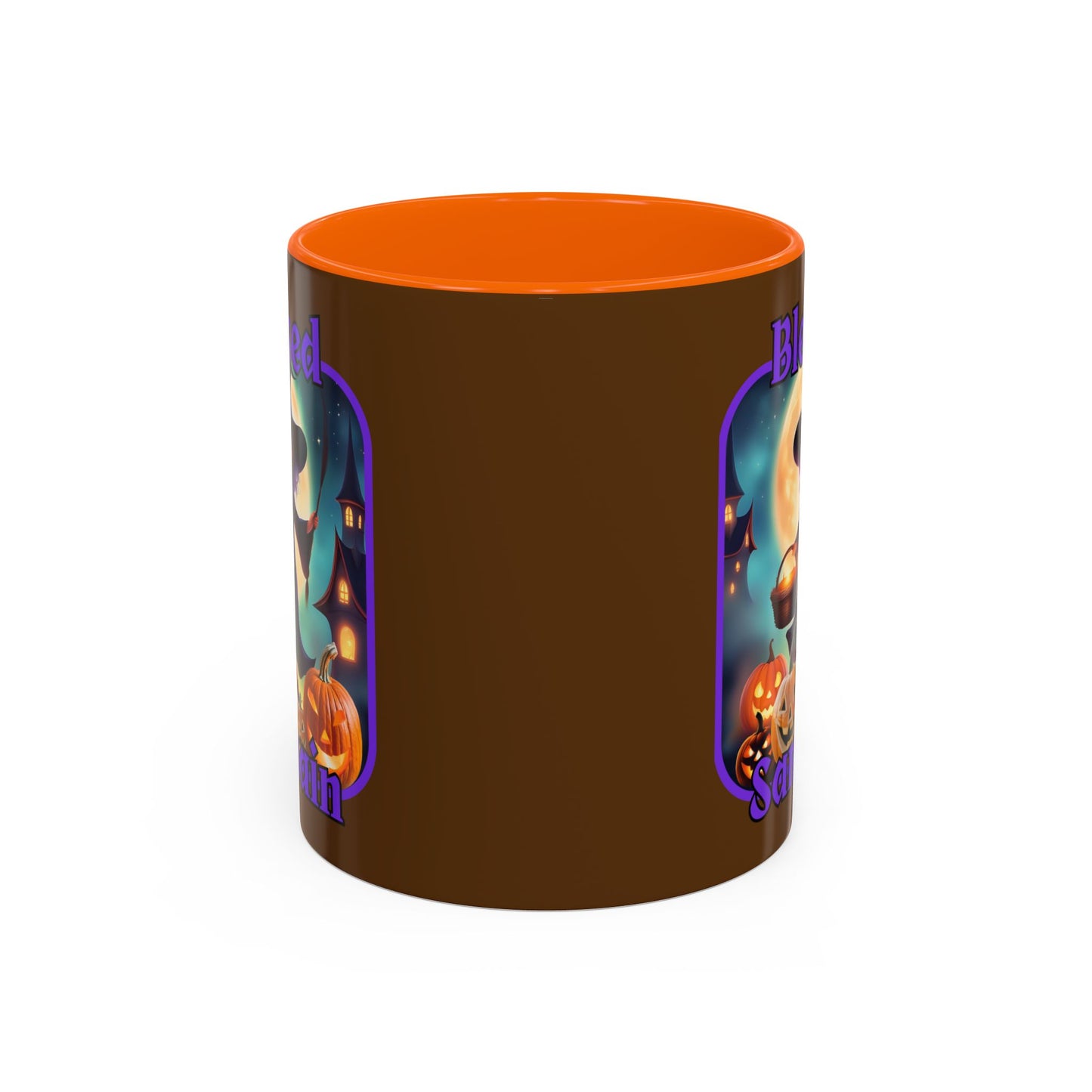 Blessed Samhain Little Witch Purple font Brown Accent Mug by CreepyCrafts.boo