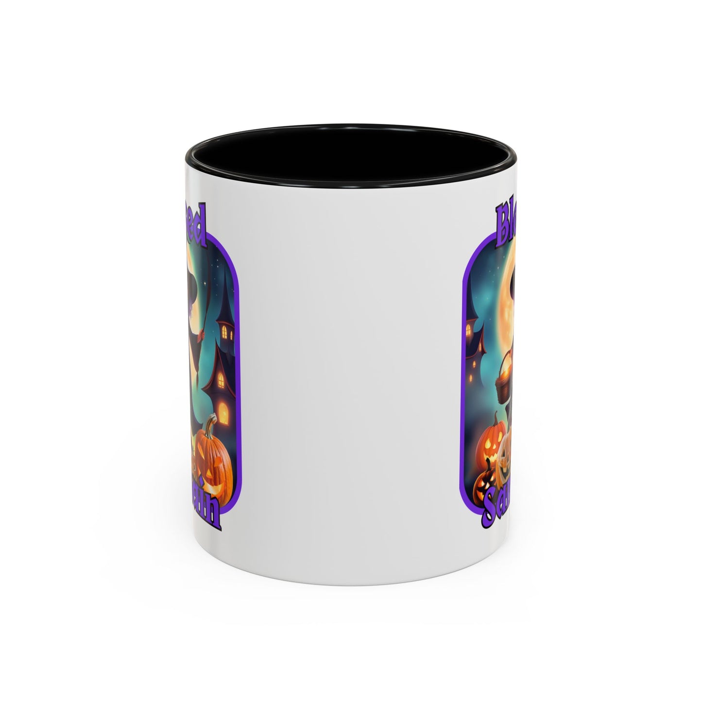 Blessed Samhain Little Witch Purple font White Accent Mug by CreepyCrafts.boo