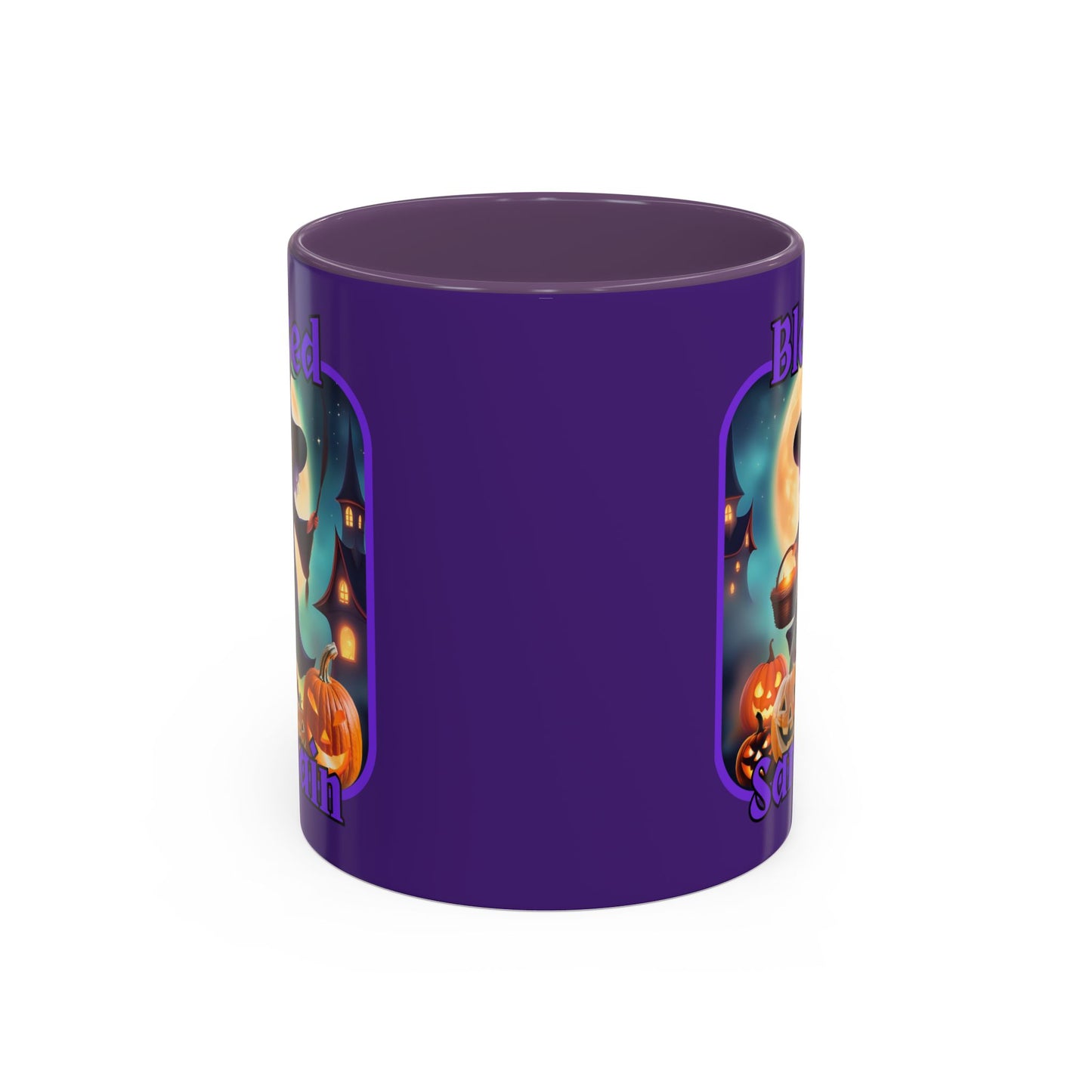 Blessed Samhain Little Witch Purple font Purple Accent Mug by CreepyCrafts.boo