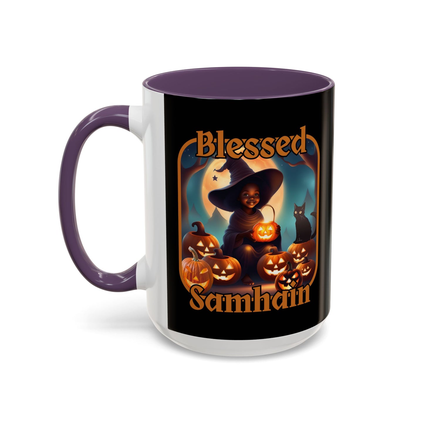 Blessed Samhain Cute Witch Orange font Black Accent Mug by CreepyCrafts.boo