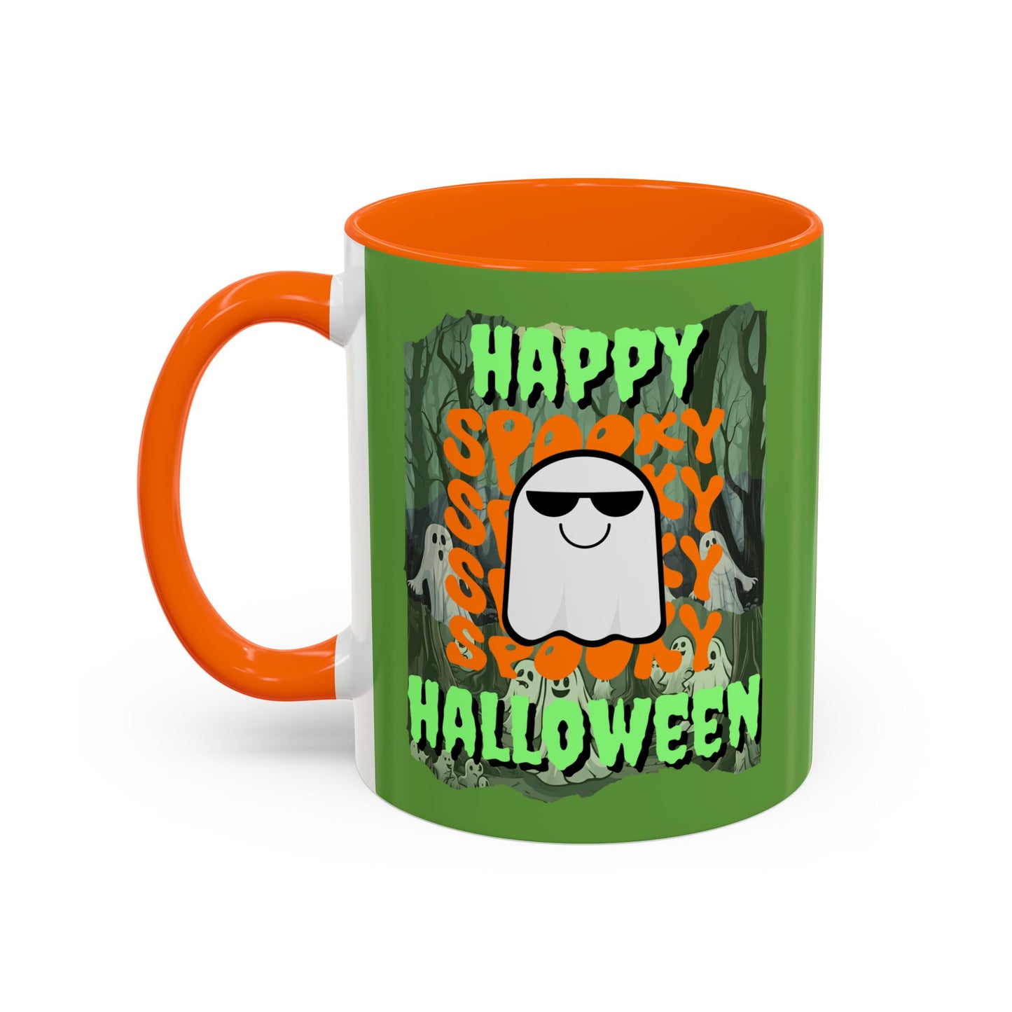 Spooky Happy Halloween Ghost Green font Green Accent Mug by CreepyCrafts.boo